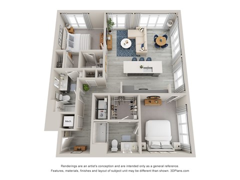 Floor plan for 2 beds, 2 baths, 1167 sqft